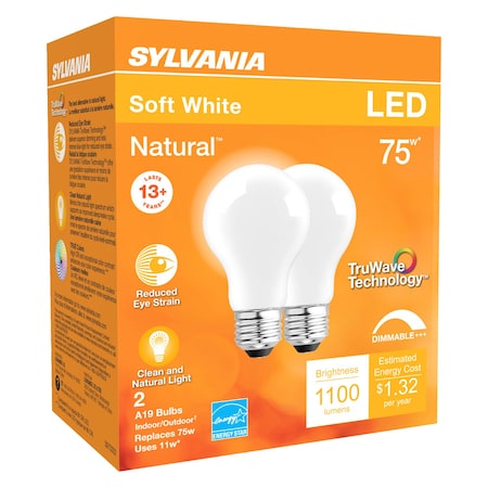 Sylvania Sylvania Natural A19 E26 (Medium) LED Bulb Soft White 75 Watt Equivalence 2 pk 40750